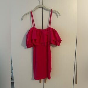 Zara Dress Small Hot Pink Ruffle Ribbed Bodycon Size S